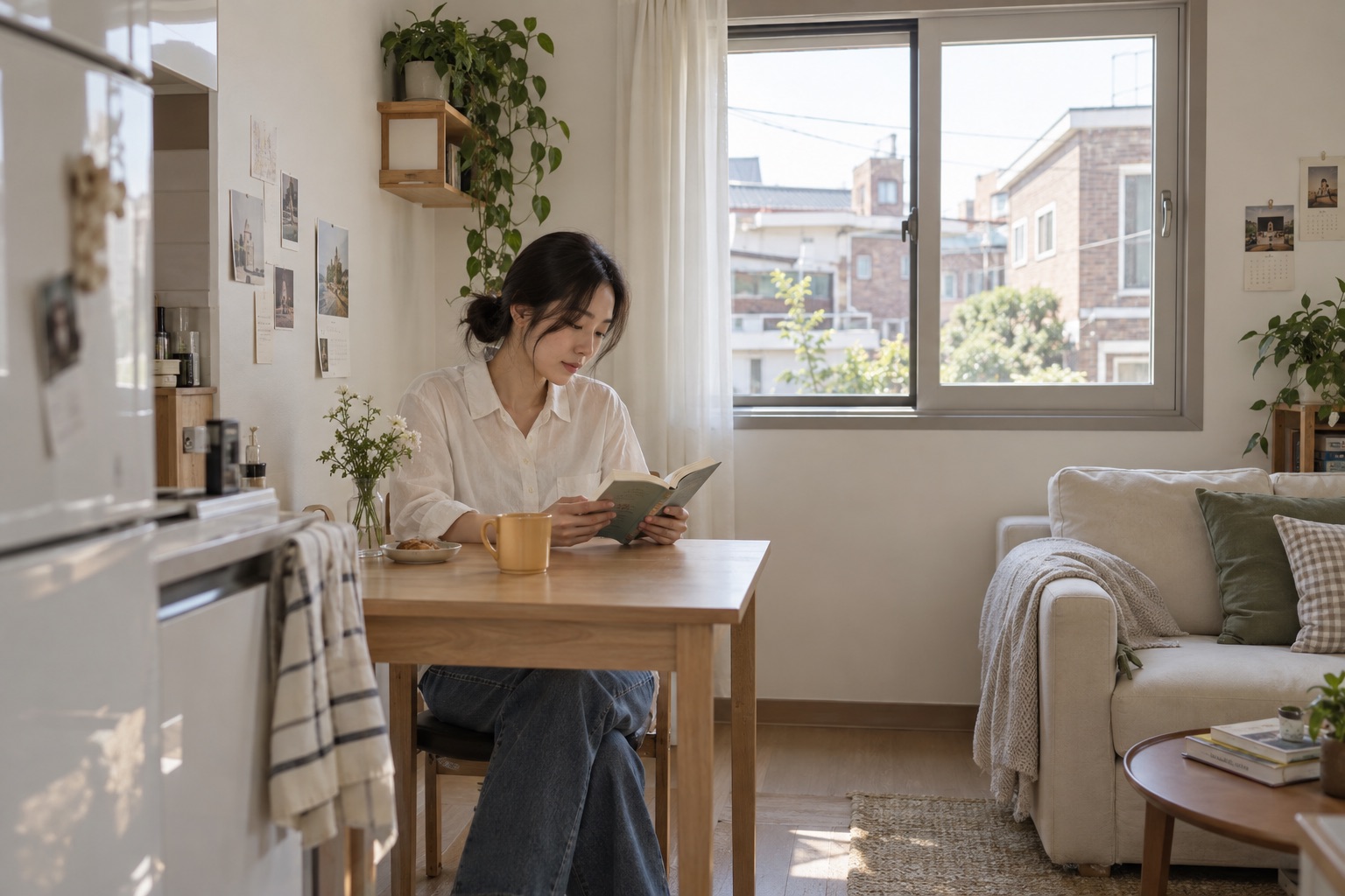 살핌 · 작은 식탁과 보통 크기 창이 있는 저층 임차 주택