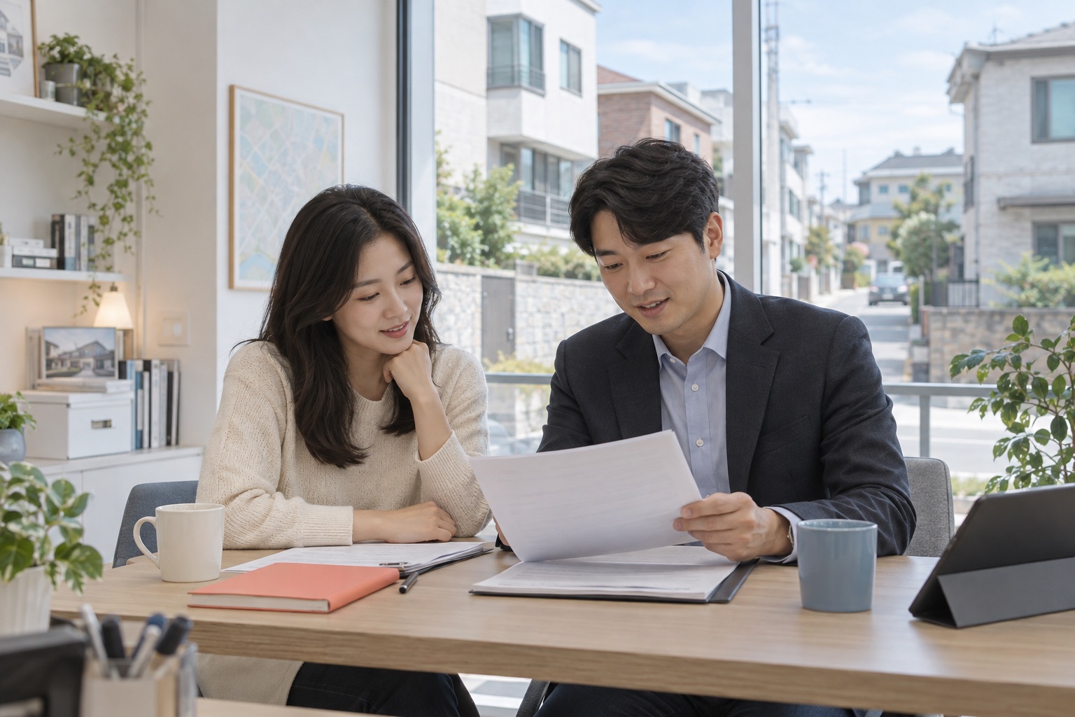 저층 주택가의 중개사무소에서 나란히 자료를 살피는 두 사람. 권위적인 대면·악수 연출은 배제합니다.