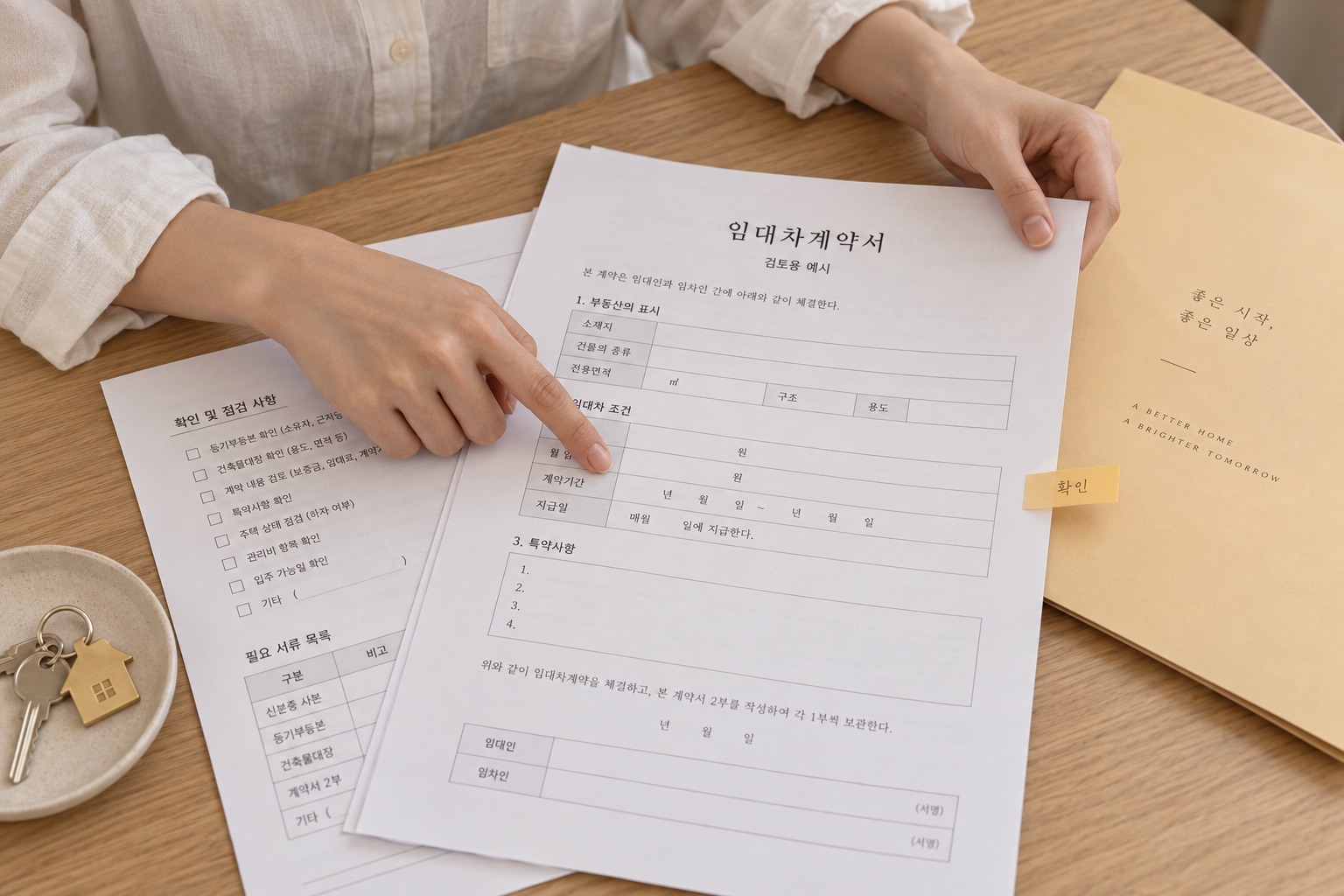 준비 · 같은 테이블 위 계약 문서와 확인하는 손