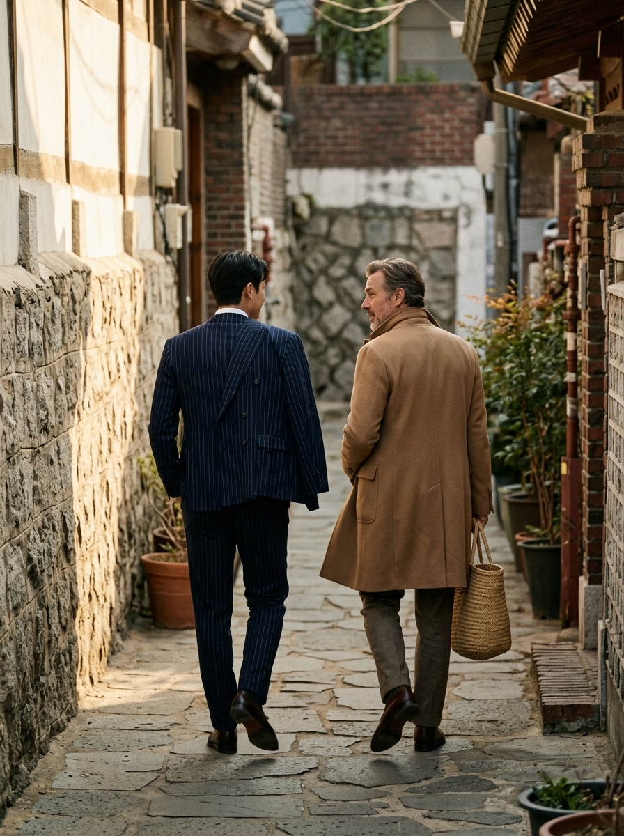성북동 돌담 골목을 걷는 두 남성