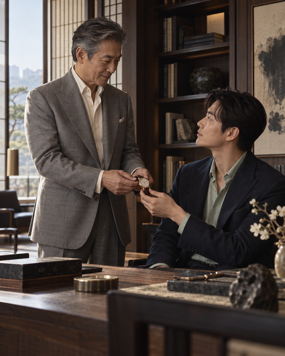서재에서 시계를 보는 두 남성